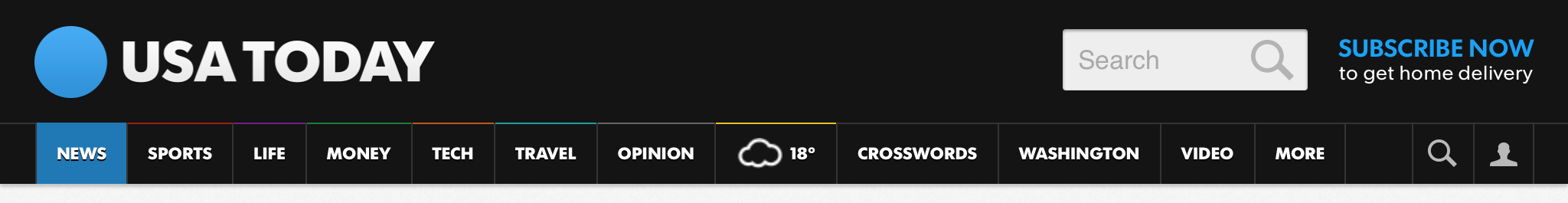 Screenshot of usatoday.com's primary navigation bar, which lists the main areas of the site