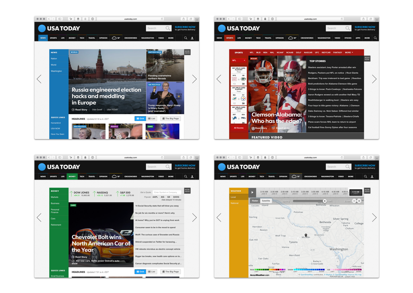 Screenshots of different sections in usatoday.com that use color to differentiate each section