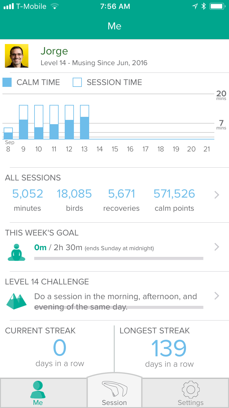 The 'Me' dashboard in the Muse app. Note the various gamification elements.