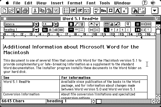  An early version of Microsoft Word for the Mac. The user can see commands laid out in menus and button bars. Image: [Betalogue](http://www.betalogue.com/2011/05/24/word51-nostalgia/)