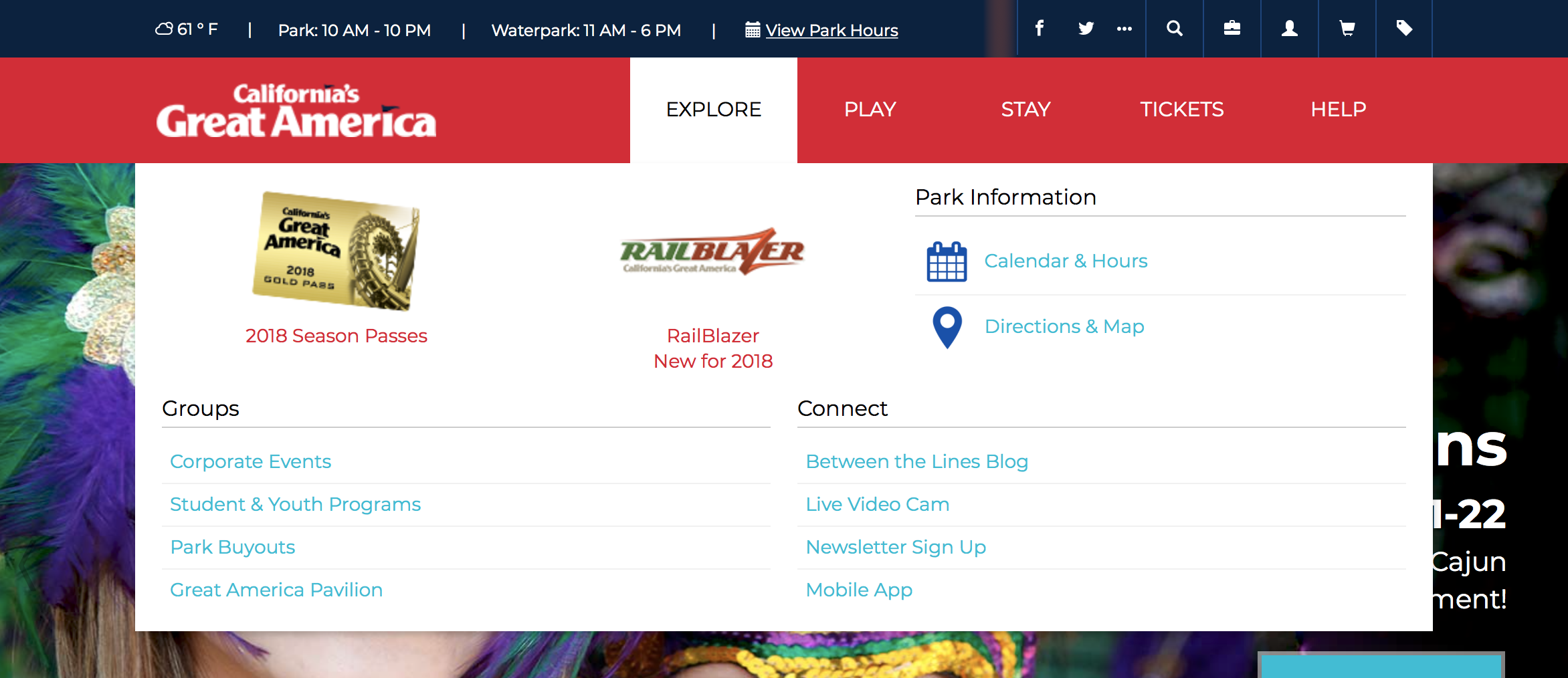 Califonia's Great America 'Explore' menu