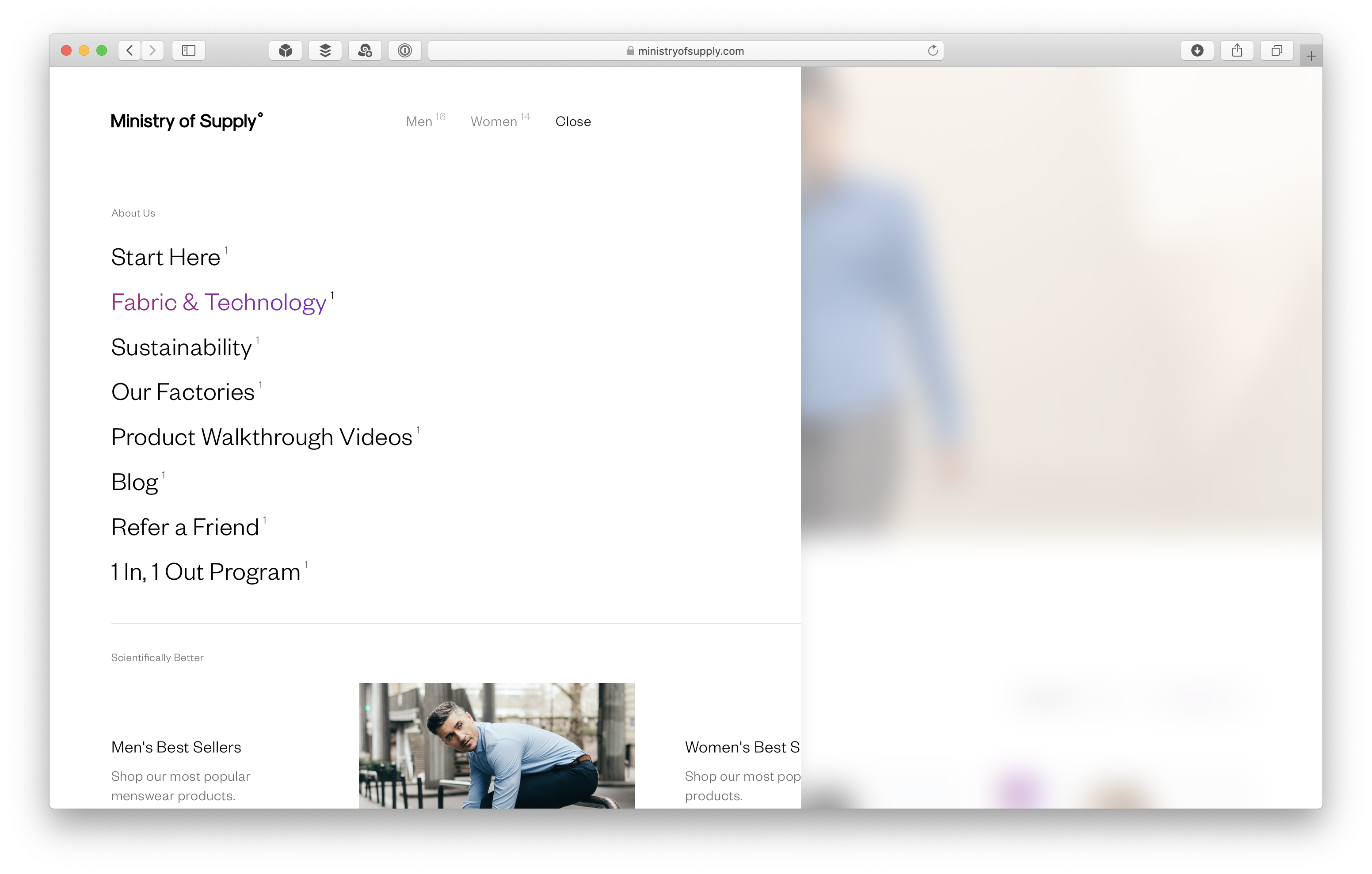 Ministry of Supply "Explore" menu