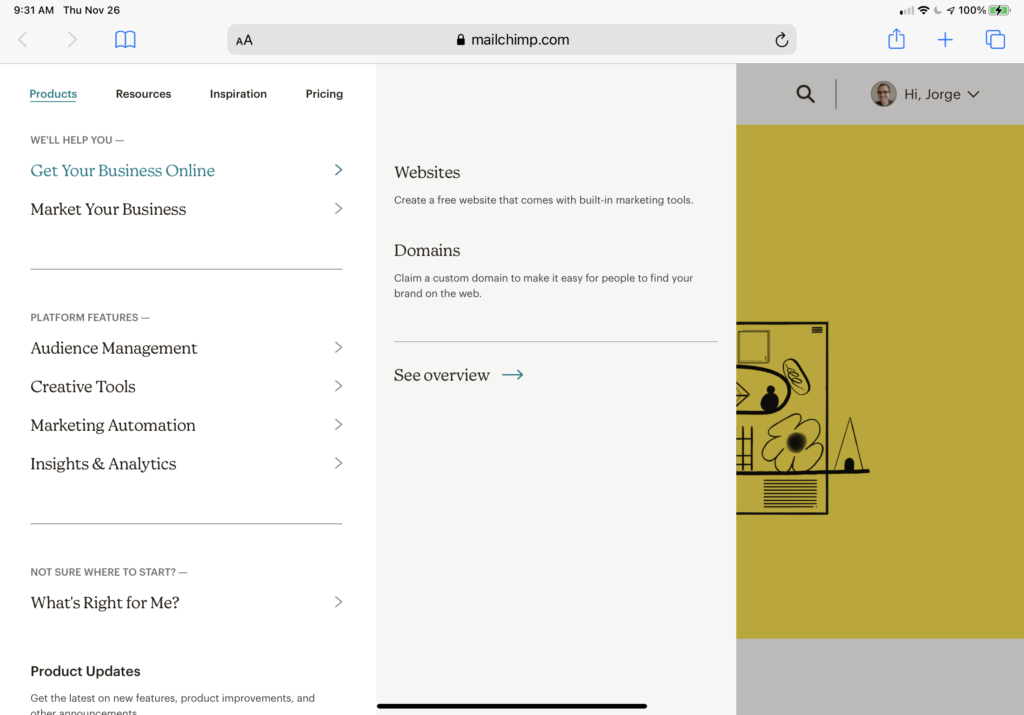 Mailchimp's marketing website's second level menus