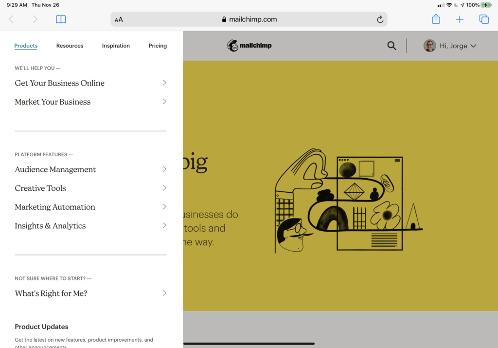 Mailchimp's marketing website's first level menus
