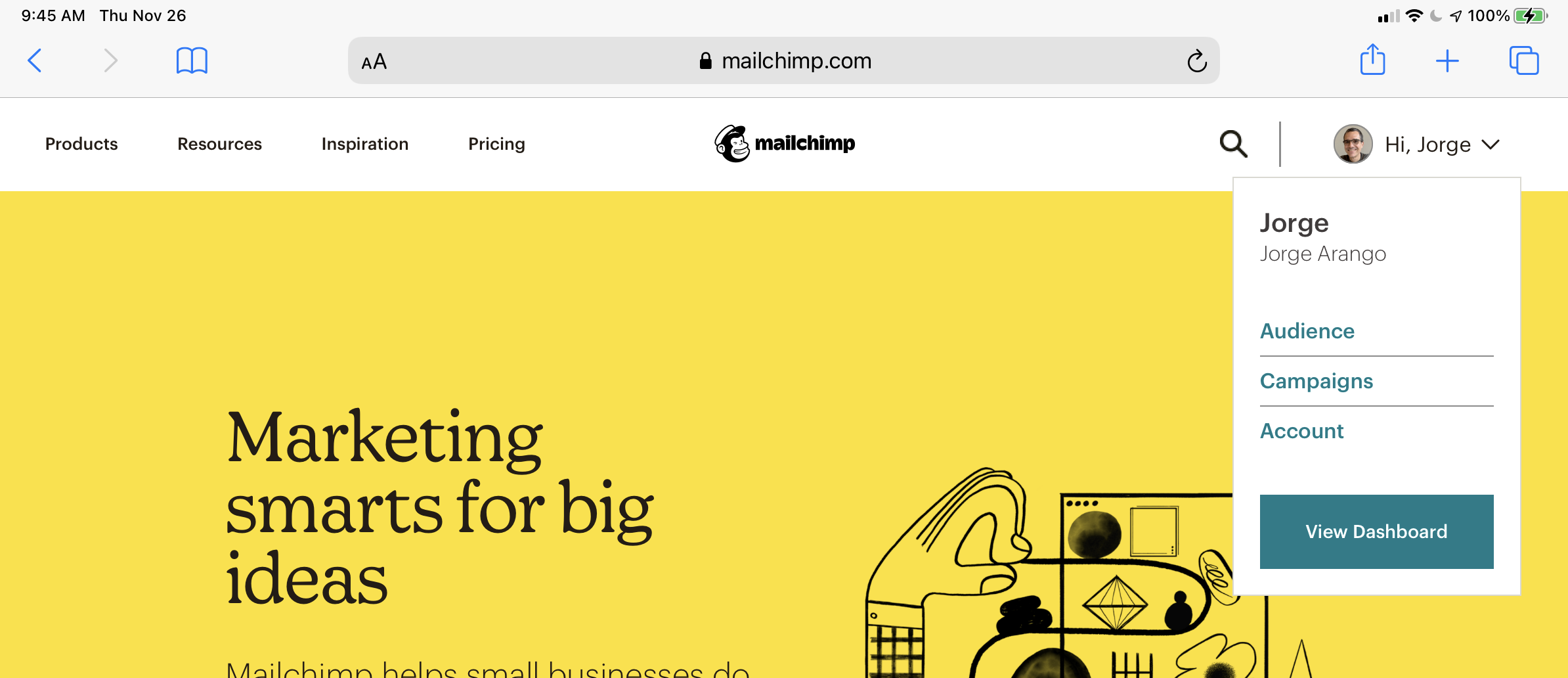 Mailchimp's user menu