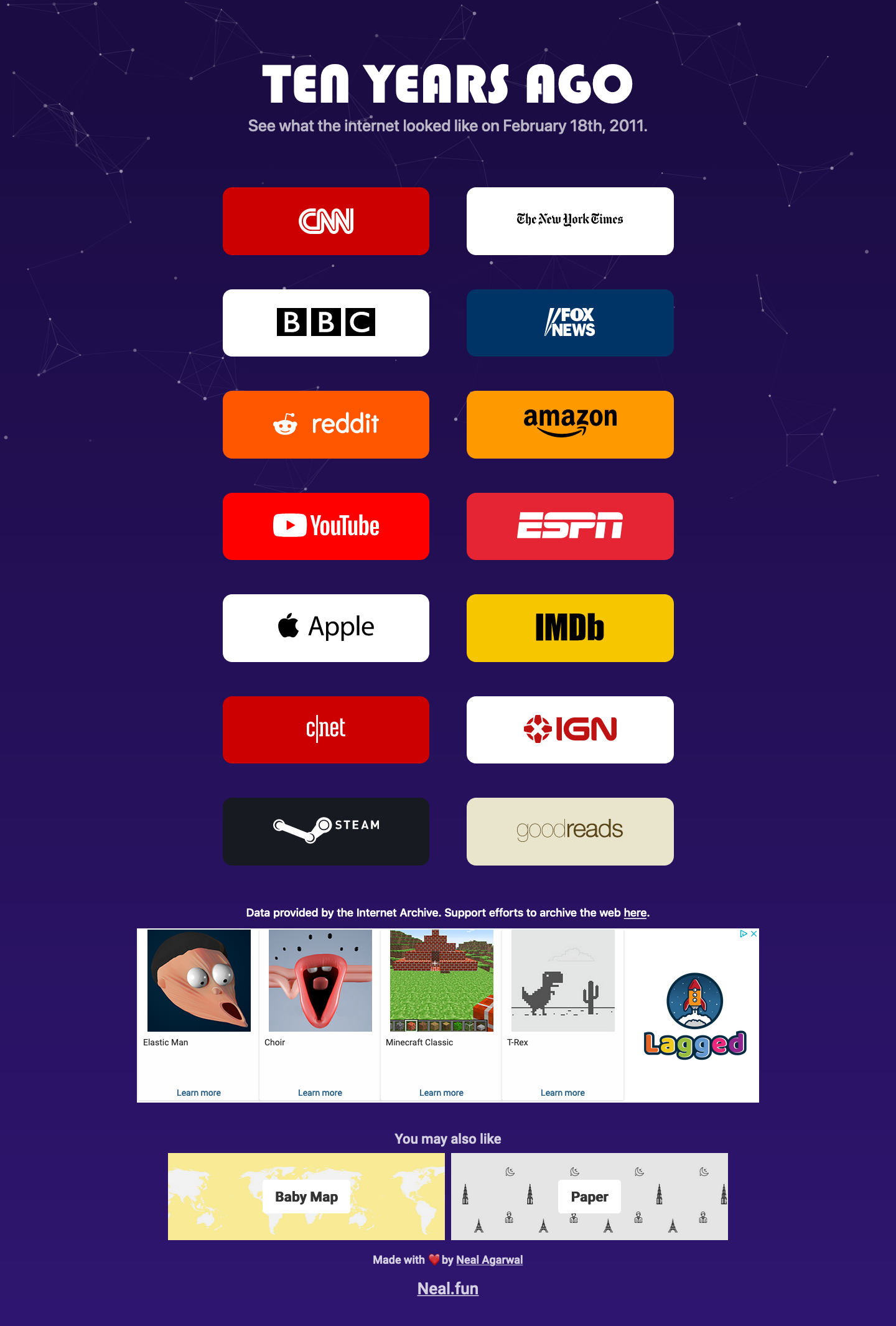 Screenshot of Ten Years Ago, a website that showcases the state of 14 major website homepages as they looked in 2011.
