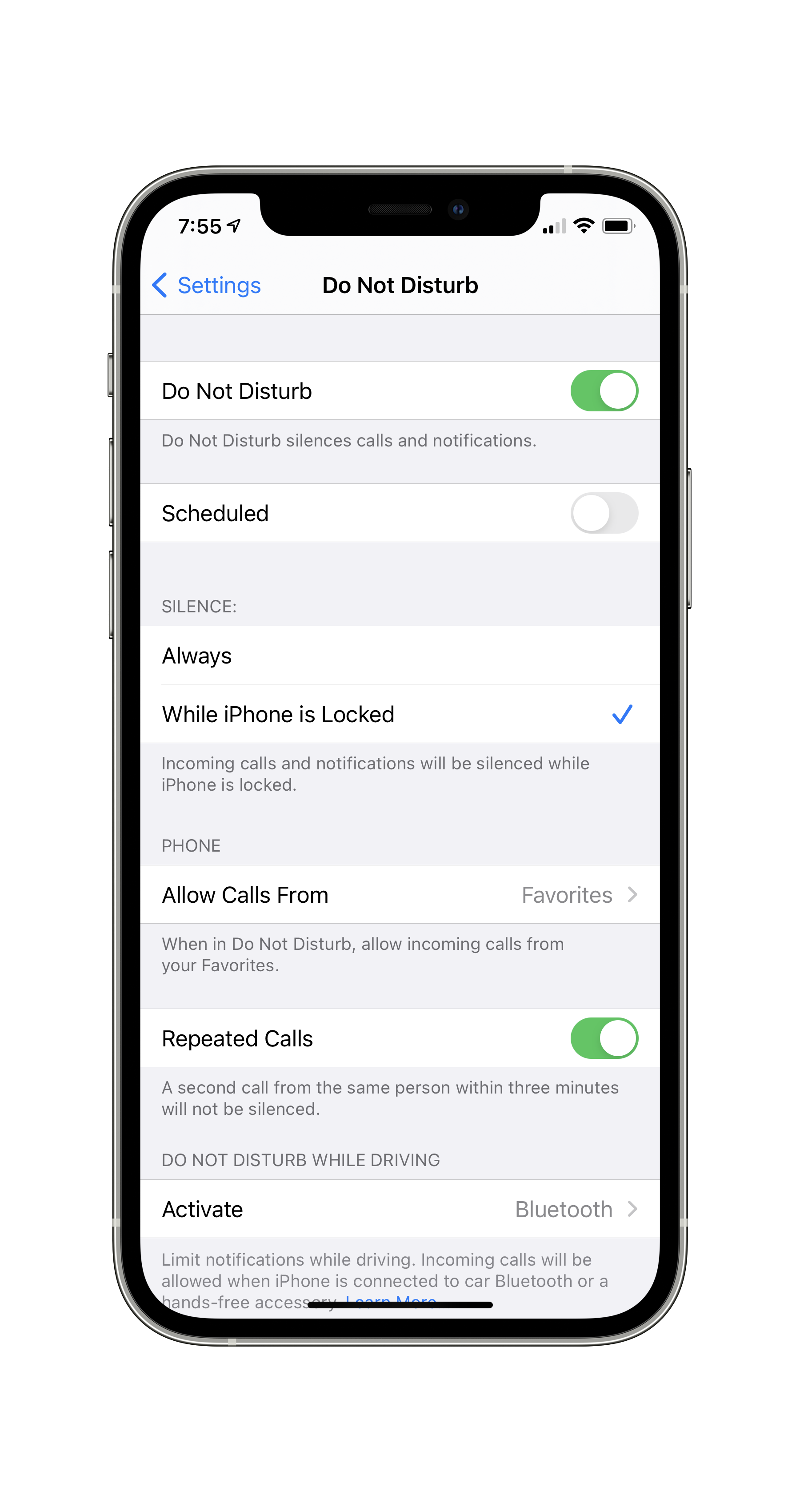 Do Not Disturb options in the iOS Settings app.