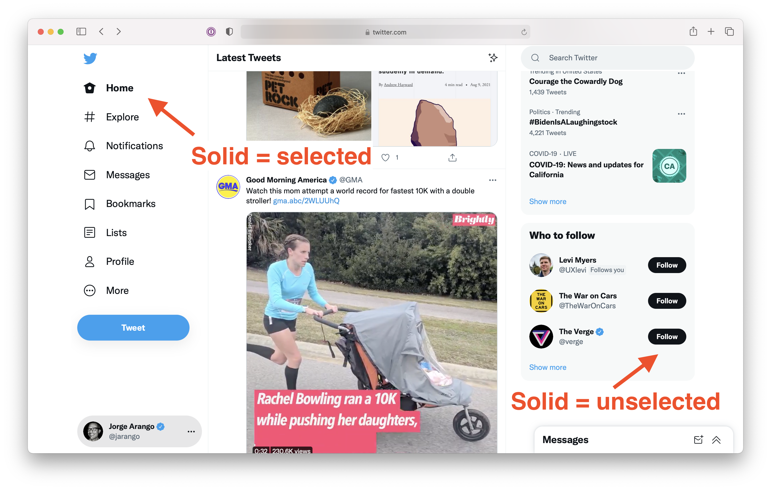 Screenshot of Twitter on the web, showing inconsistency in button treatment.