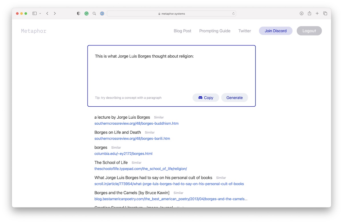  Metaphor’s user interface showing the search box and returned links.