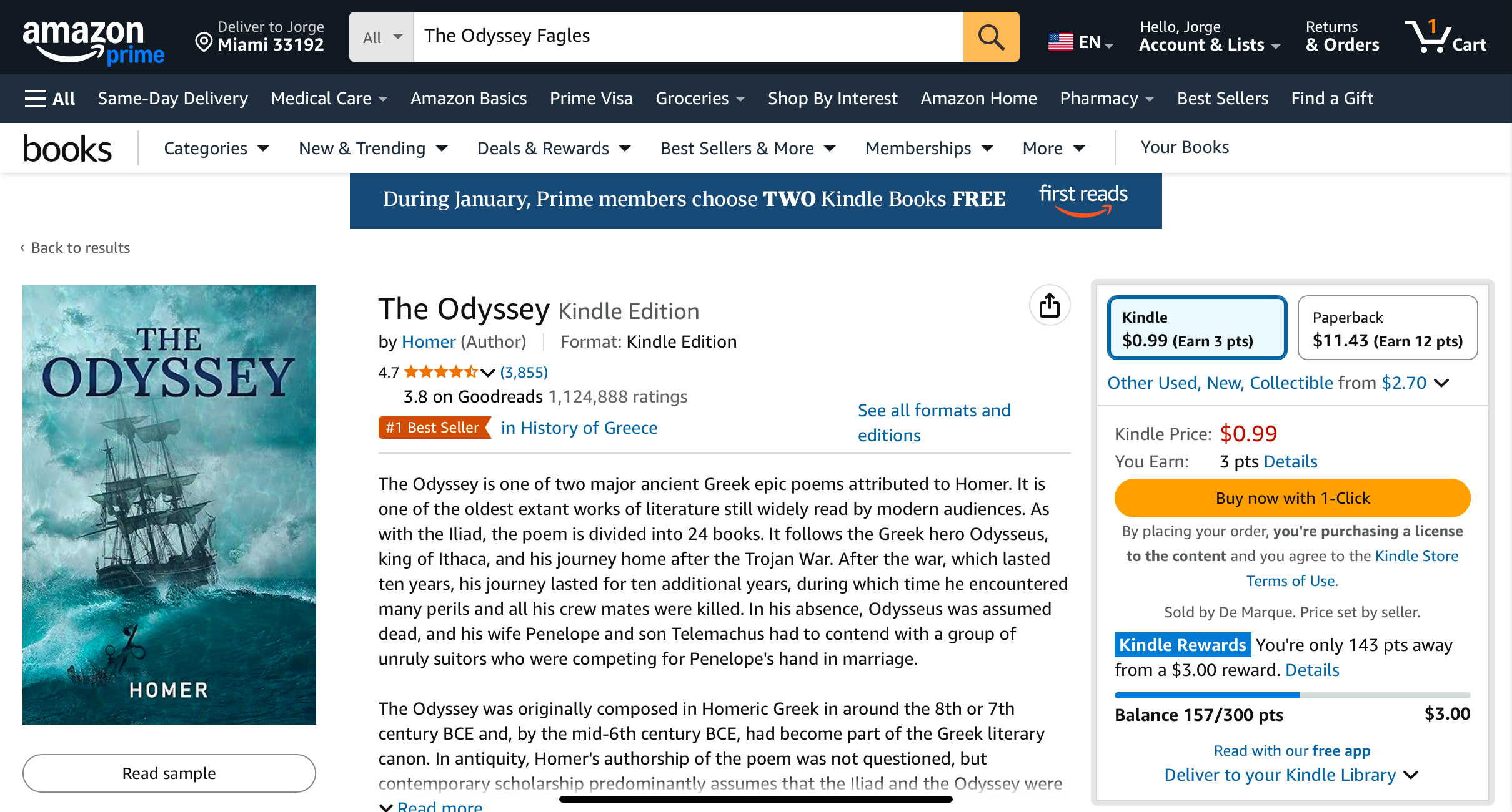 Amazon Kindle book page showing a generic version of Homer's The Odyssey.