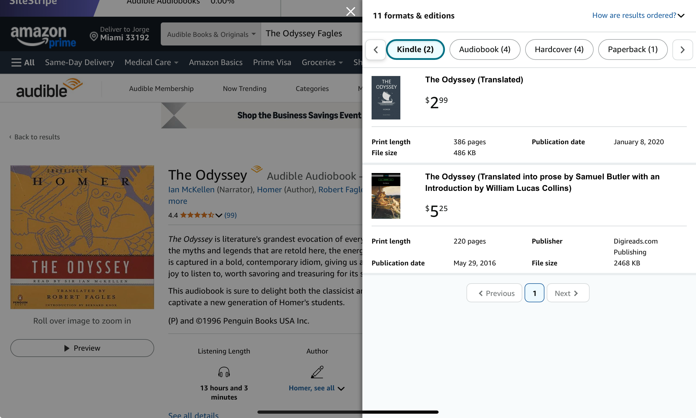 Amazon Audible book page showing generic Kindle versions of Homer's The Odyssey.