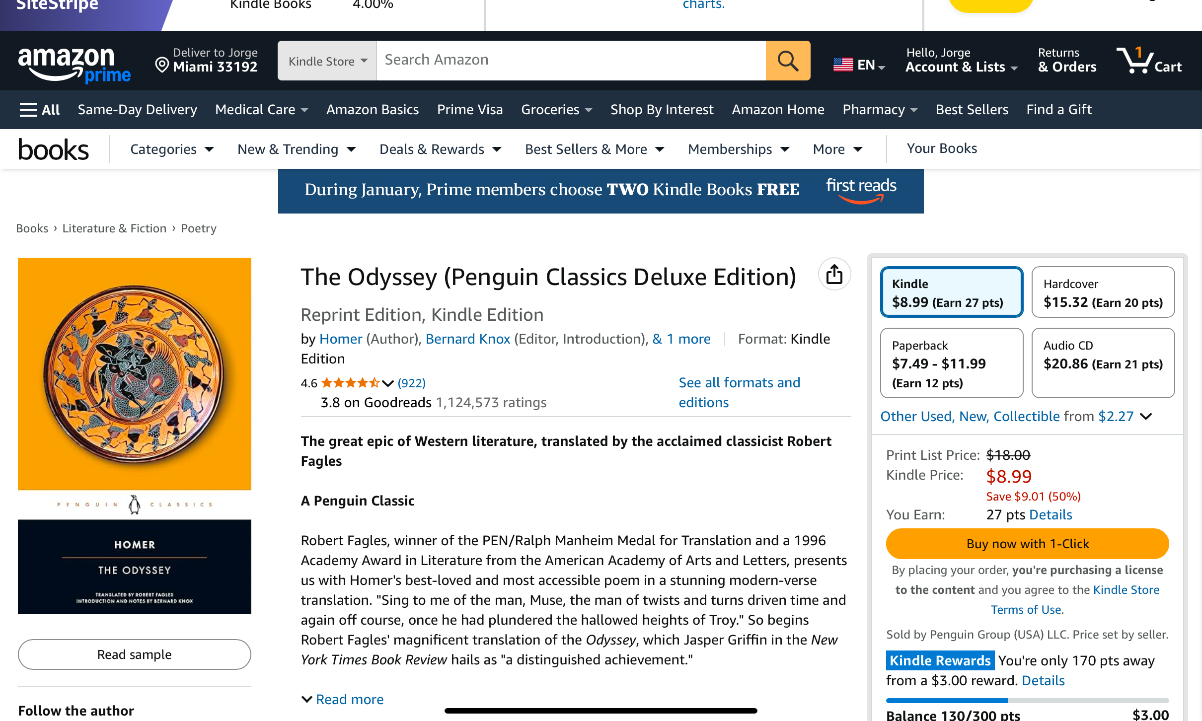 Amazon Kindle page for the Penguin edition of Homer's The Odyssey.