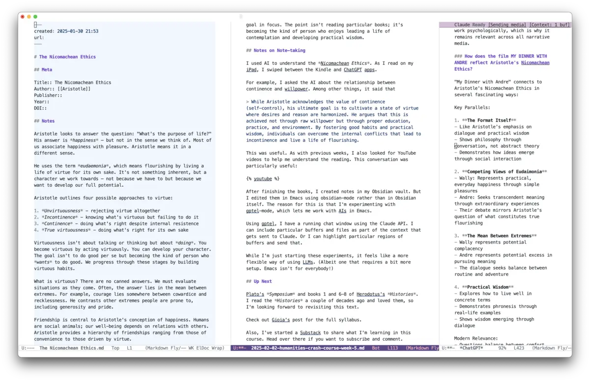 A screenshot showing three windows in an Emacs frame. The leftmost window shows a Markdown note for Aristotle's Nicomachean Ethics. The middle window shows a blog post about the work being composed in Markdown. The rightmost window, which is narrower, shows a chat thread with Claude. 