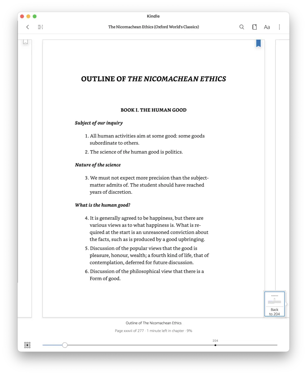Screenshot of the macOS Kindle app showing the first part of an outline of Aristotle's Nicomachean Ethics 