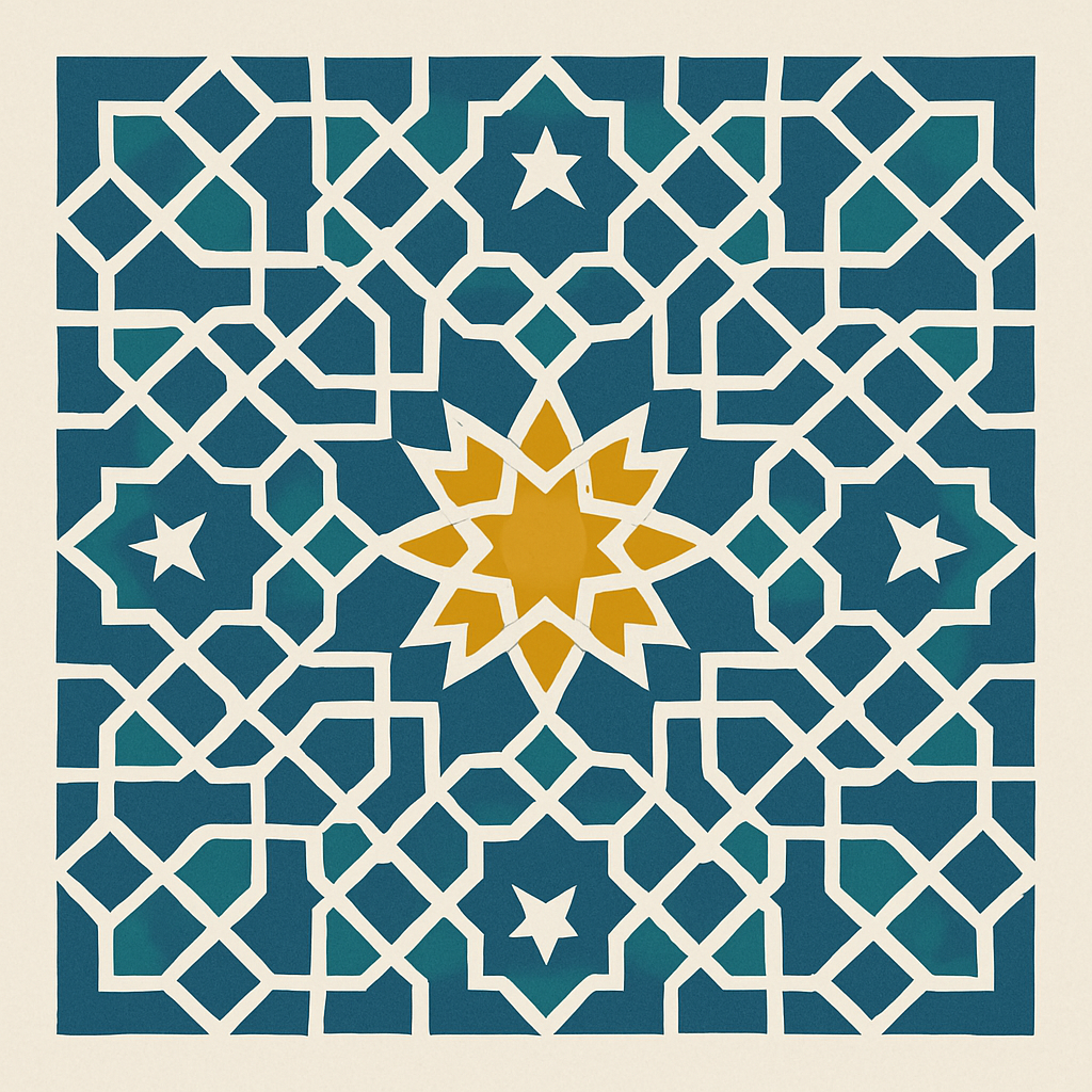 A symmetrical geometric pattern inspired by traditional Islamic art, featuring interlocking shapes and star motifs. The design is primarily composed of teal-blue and white lines forming a complex lattice, with small white stars repeating throughout the pattern. At the center is a prominent golden-yellow eight-pointed star, standing out against the surrounding teal background. The pattern is enclosed within a square border on a light beige background.