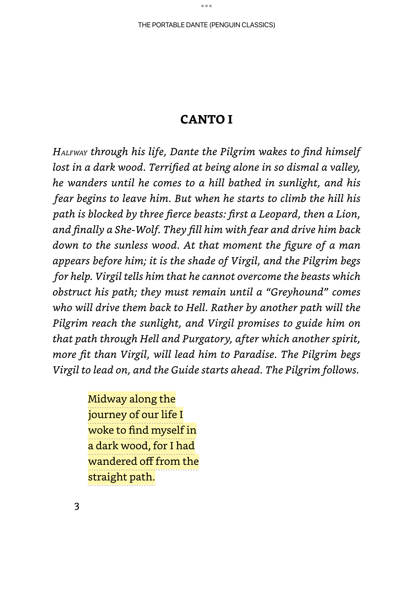 Screenshot of a page from Canto I of Inferno, showing a highlighted verse with short lines. 