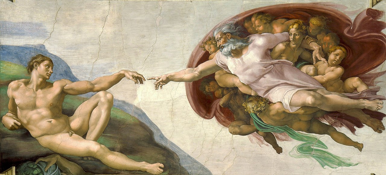God reaches out to impart life to Adam, their fingers nearly touching, in this iconic fresco from the Sistine Chapel ceiling. *The Creation of Adam* (detail) by Michelangelo Buonarrotti via [Wikimedia](https://en.wikipedia.org/wiki/The_Creation_of_Adam#/media/File:Michelangelo_-_Creation_of_Adam_(cropped).jpg)