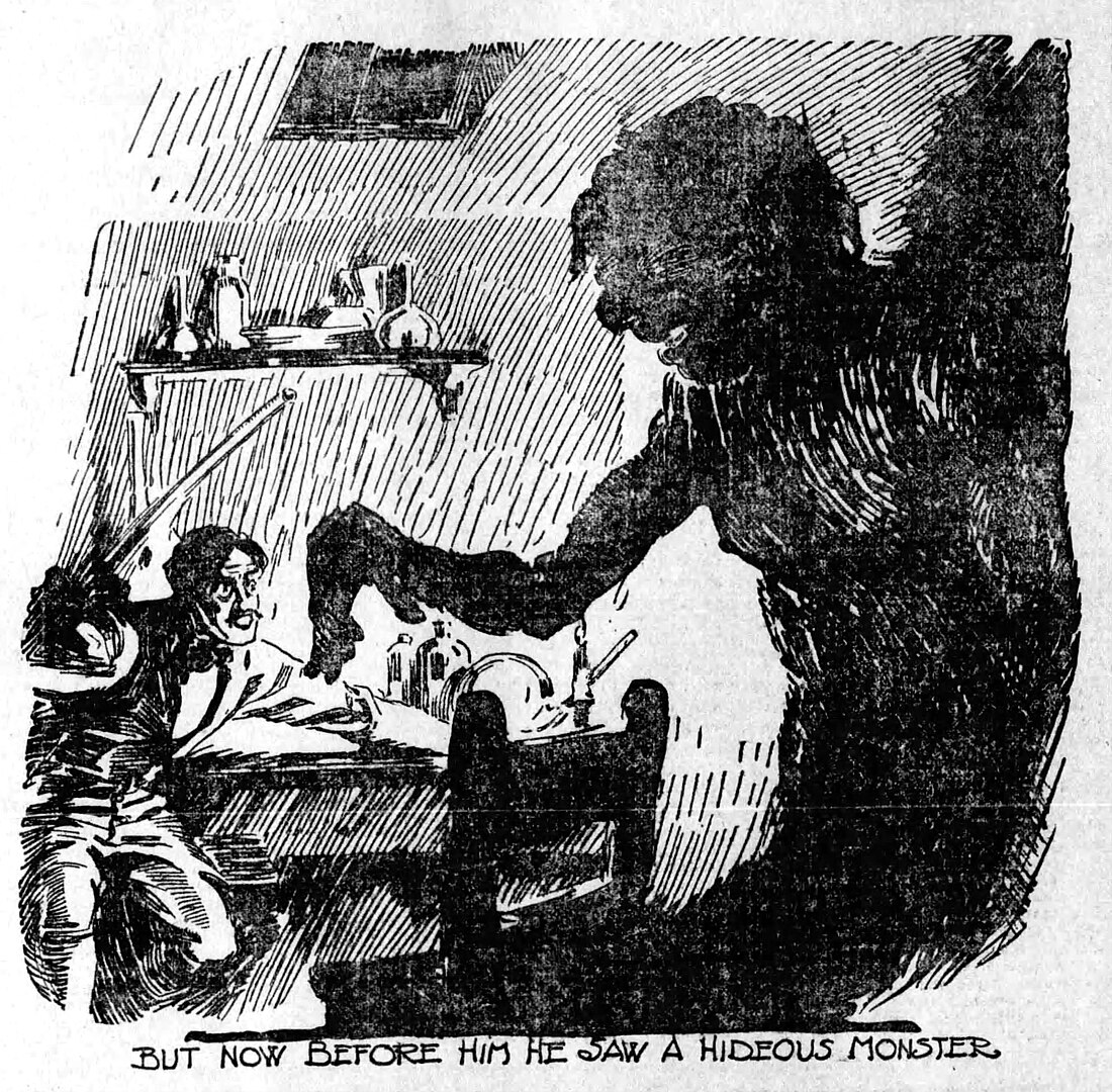 A cartoon line art illustration showing a desperate man defending himself from a hulking silhouette of a larger man. Illustration of Frankenstein and his monster, taken from an abridged version of Mary Shelley's novel, appearing in The Birmingham Post-Herald, January 16, 1910, via [Wikimedia](https://en.wikipedia.org/wiki/Frankenstein#/media/File:Frankenstein_and_Monster_-_Birmingham_Post-Herald,_1910.jpg)