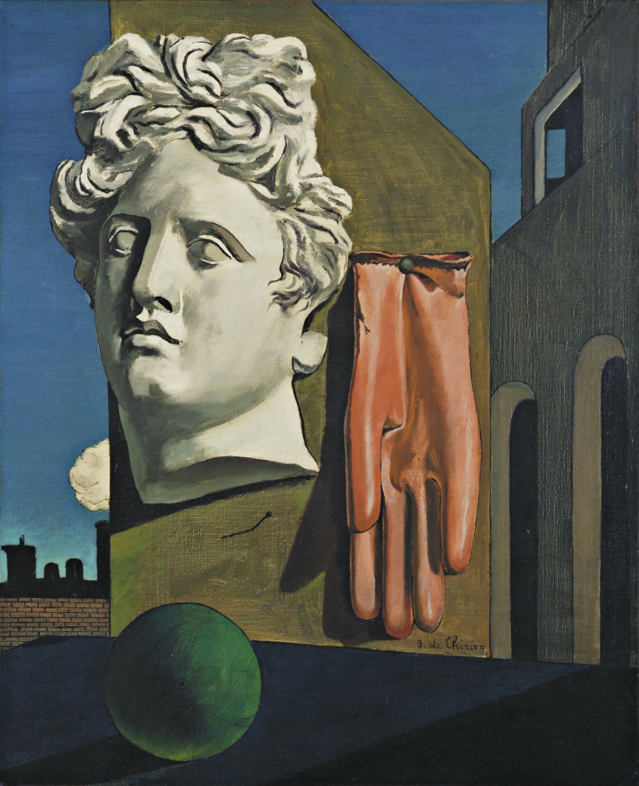 A surrealist painting featuring a marble bust with flowing hair next to a suspended red glove, set against an architectural backdrop with shadows and a green ball. *The Song of Love* (1914) by Giorgio de Chirico, Museum of Modern Art via [Wikimedia](https://en.wikipedia.org/wiki/Giorgio_de_Chirico#/media/File:De_Chirico's_Love_Song.jpg)