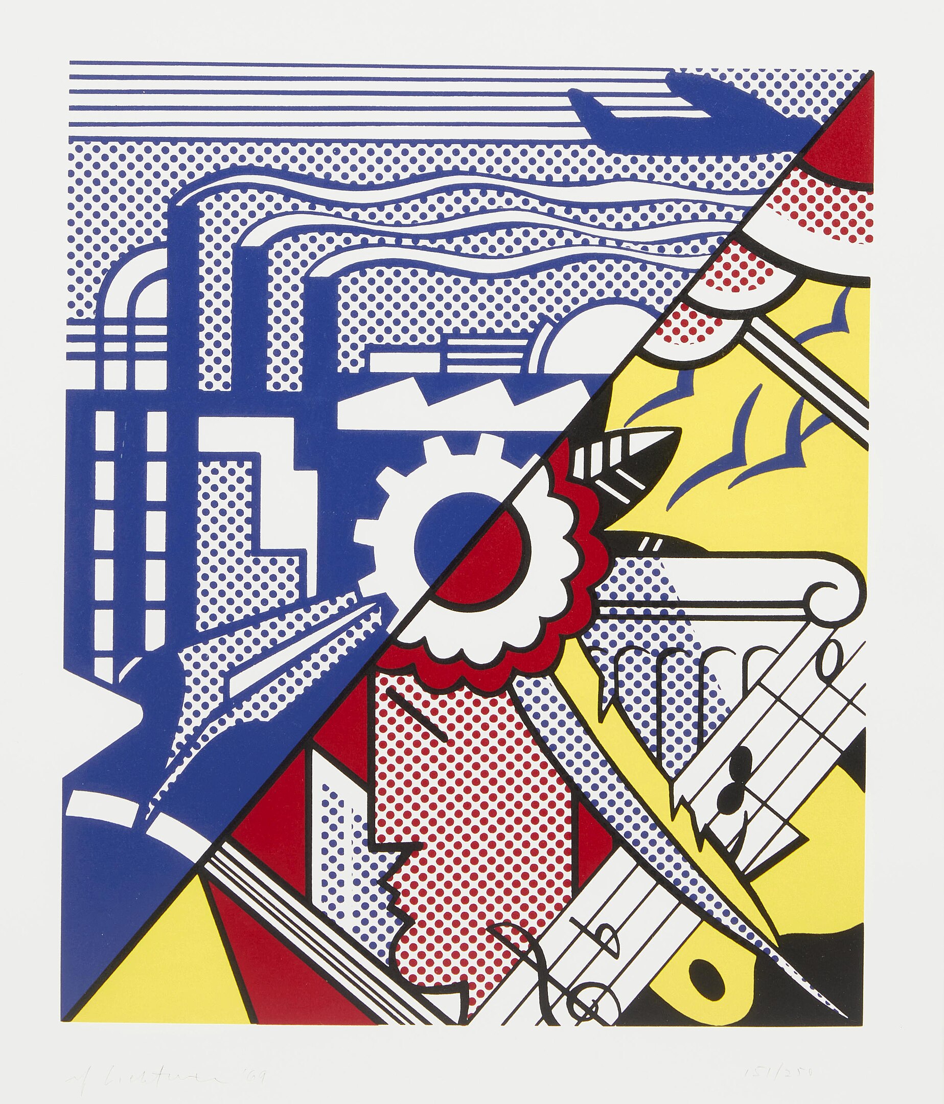 Abstract pop art balanced with a diagonal line, featuring industrial elements and musical notes in blue, red, yellow, and black. _Industry and the Arts (II)_ (1969) by Roy Lichtenstein by Fineartcollector1 via [Wikimedia](https://commons.wikimedia.org/w/index.php?curid=172607285)