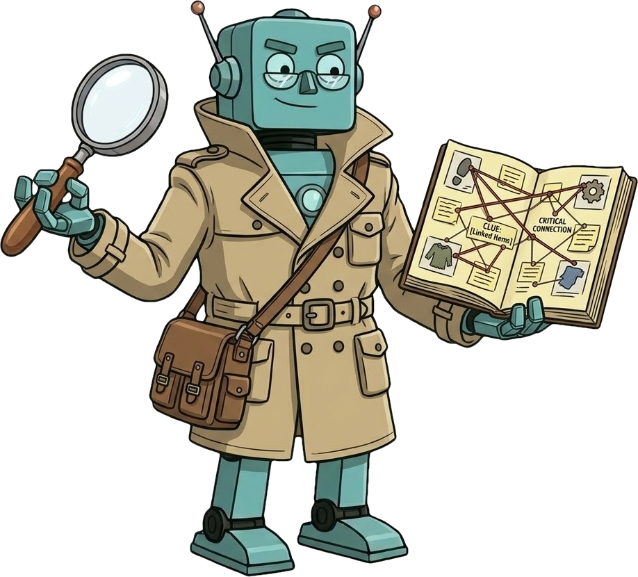 Cartoon drawing of a green robot in a long tan coat holding a looking glass in one hand and a book showing connections between shapes on the other. Image by Nano Banana 2.