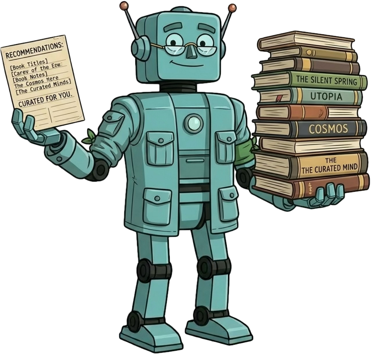 Cartoon drawing of a green robot holding a pile of books in one hand and a document that says ‘recommendations’ on the other. Image by Nano Banana 2.