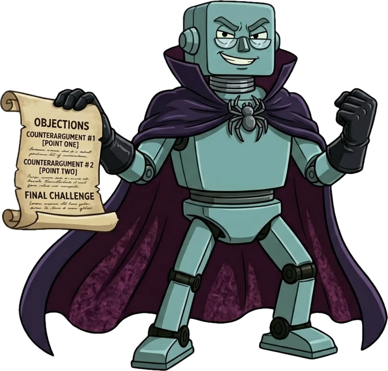 Cartoon drawing of a green robot with an evil smirk, wearing a purple cape and holding a document that says ‘objections.’ Image by Nano Banana 2.