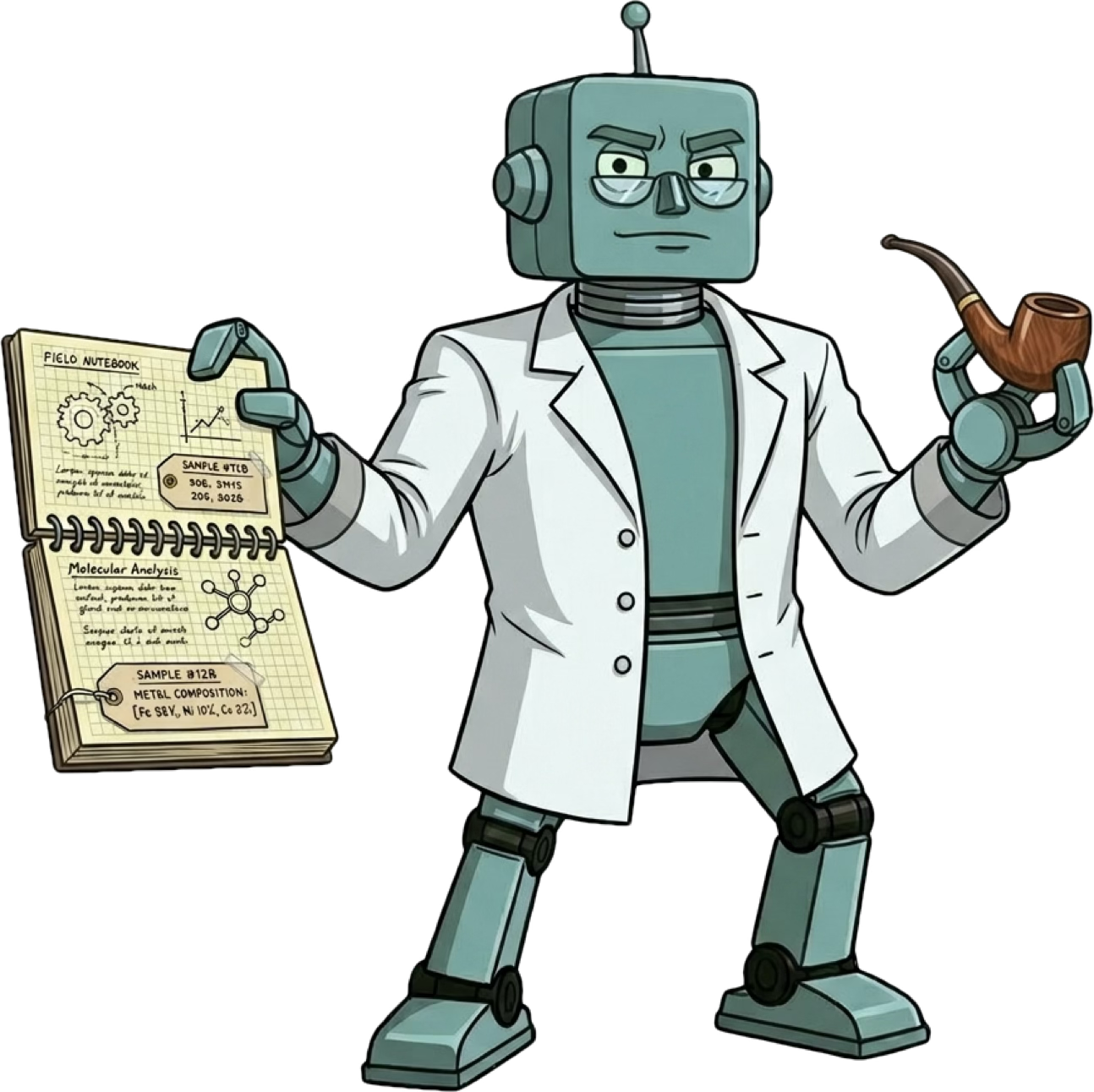 Cartoon drawing of a green robot wearing a lab coat and holding a notebook and a pipe. Image by Nano Banana 2.